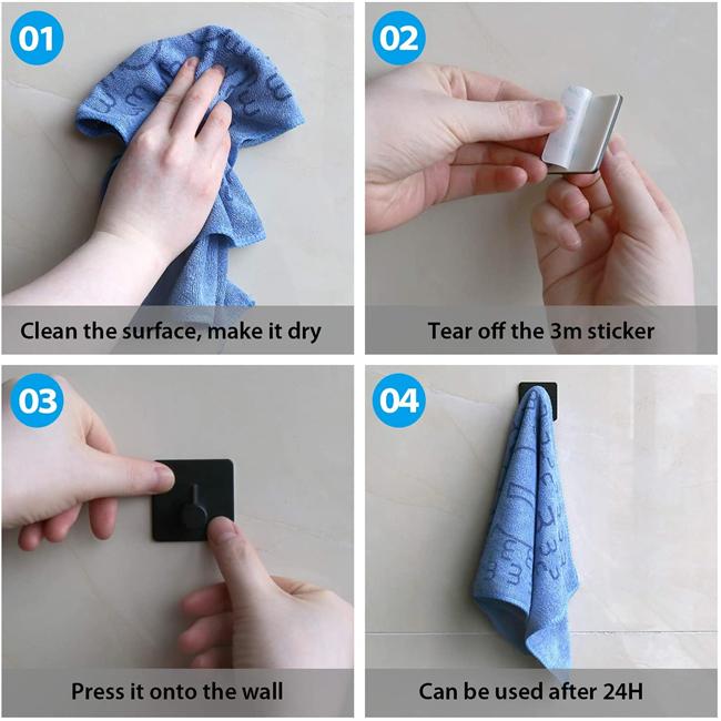 Custom Printed Self-Adhesive Towel Hooks Self Adhesive Holder Matte Black Kitchen Stainless Steel Home Square Hook