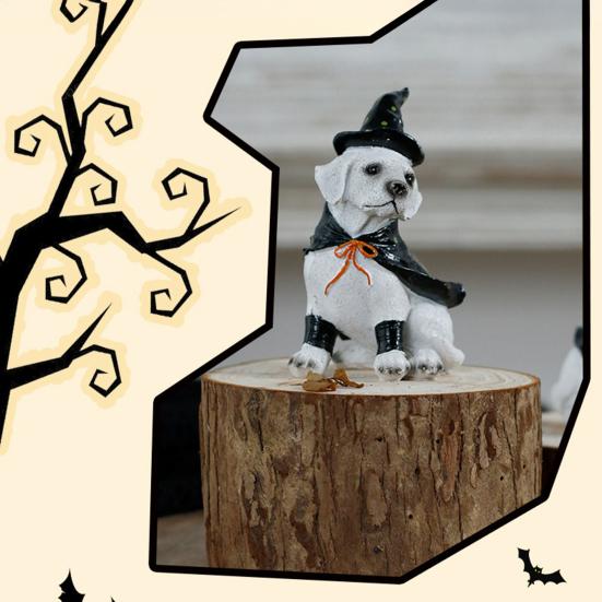 Halloween Labrador Puppy Statue Resin Witch Dog Figurine with Hat Cape Spooky Pet Sculpture Home Garden Decor