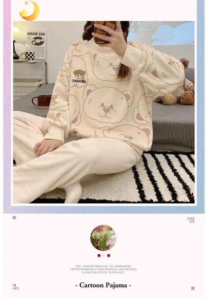 Petite Women's Coral Fleece Pajamas for Outdoor Wear, Cute Flannel Home Set, 2024 Autumn/Winter Collection