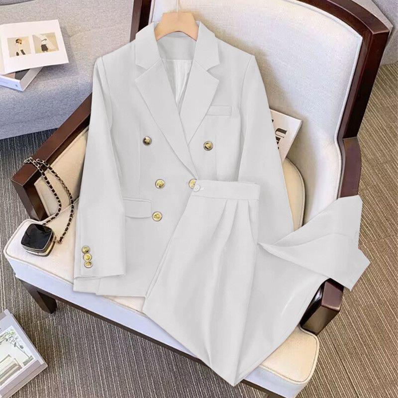 Female Spring/Fall Solid-Color Elegant Suit Set Slimming Blazer + Relaxed-Fit Trousers Two-Piece Set
