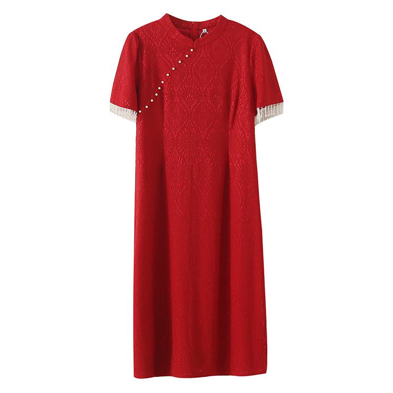 

Rongrong Asymmetrical Tassel Qipao: Plus Size Women s Summer Engagement Dress with Stand-up Collar Large красный