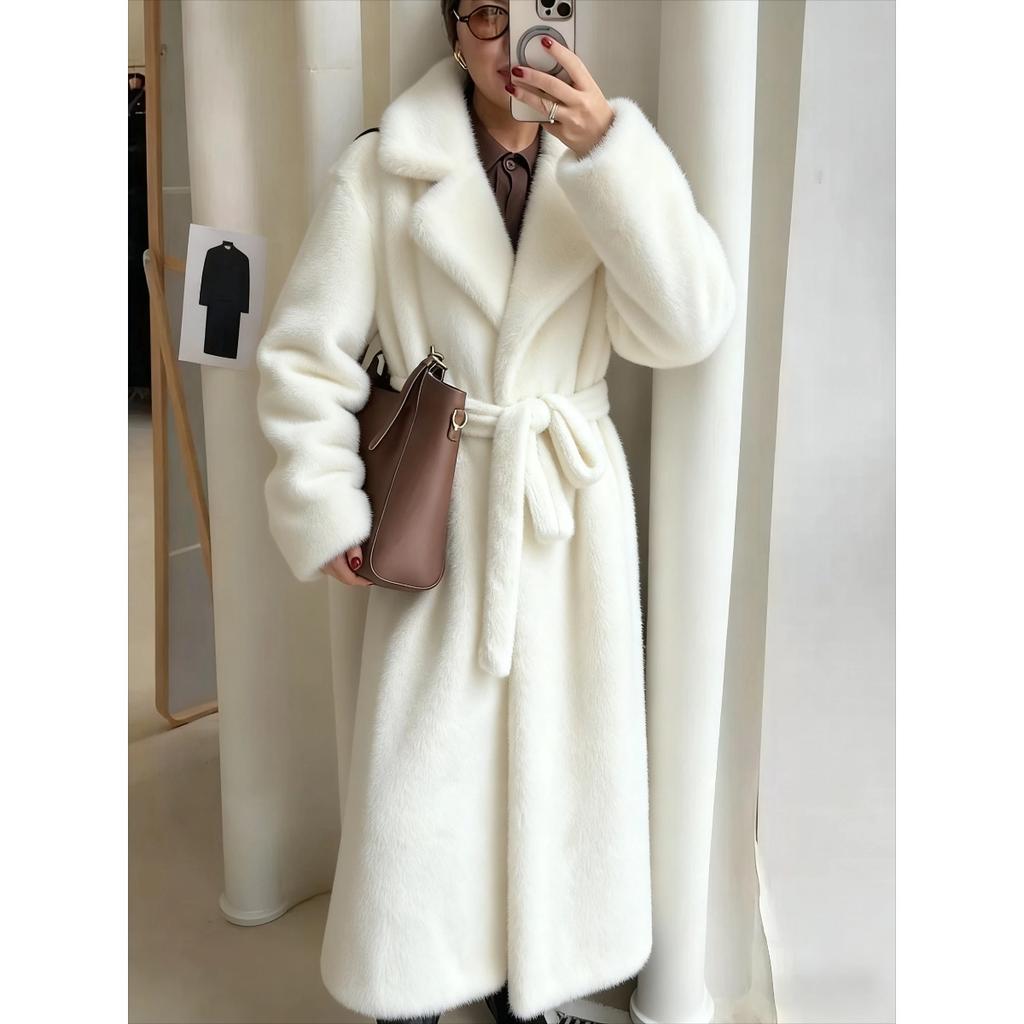 Luxury New Women’s  Artificial Faux Mink Fur Longline Belted Thick Warm Winter Coat
