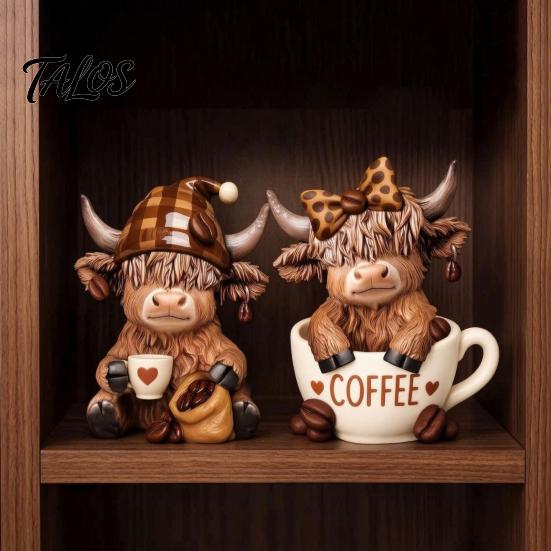 Highland Cow Coffee Decor 2Pcs Figurine, Cute Resin Animal Statue for Home Desk Collectible Decor, Cafe Style Tabletop Ornament, Creative Gift Lovers