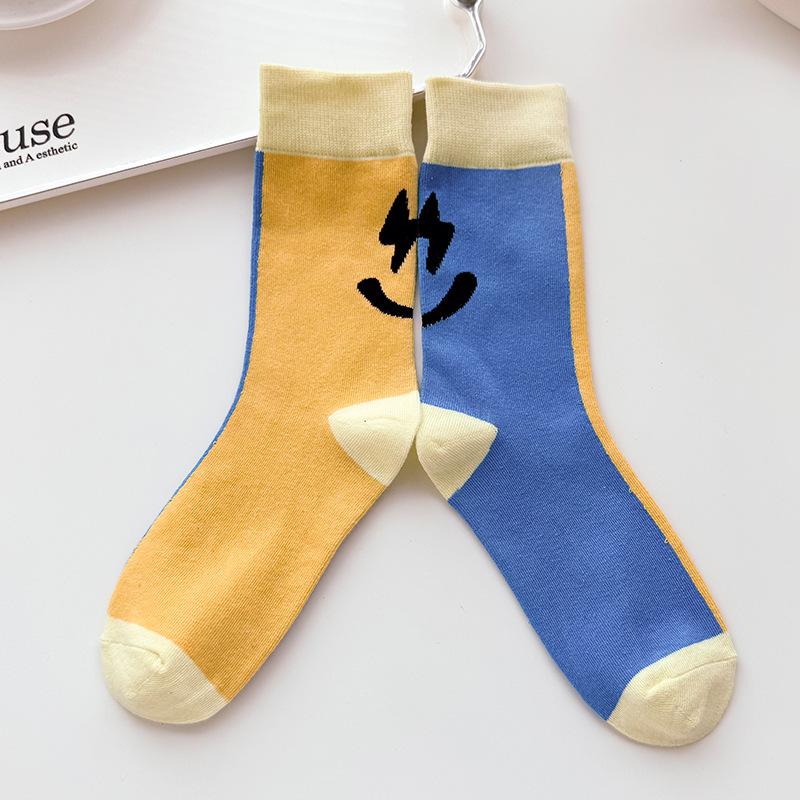 

Женские весенне-осенние трендовые мультяшные носки-гольфы с цветовой блокировкой и смайликом 1 pair жёлтый/синий