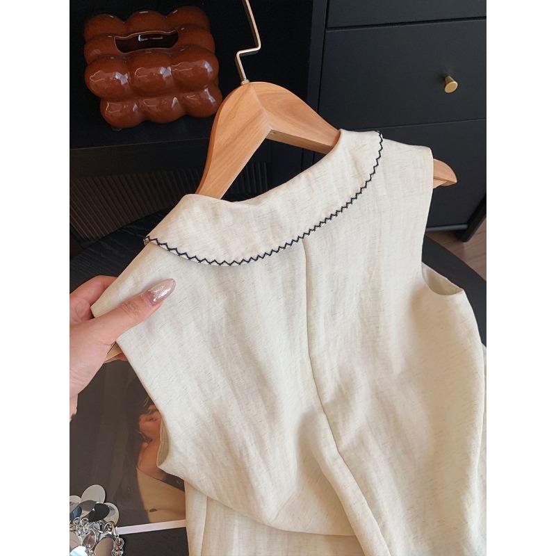 Women Beige Linen V Neck Sleeveless Casual Layering Button Vest