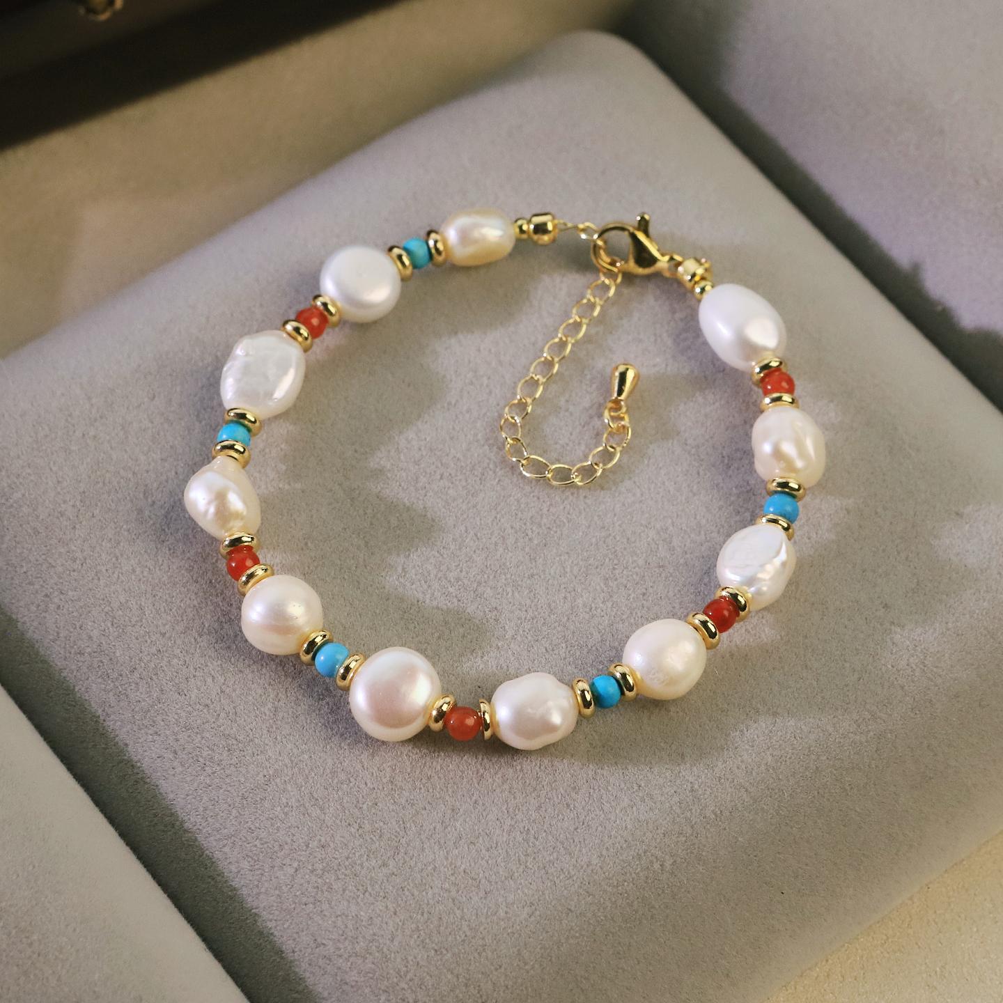 Natural Freshwater Pearl Turquoise Agate Beaded Bracelet for Women Daily Office Banquet Vintage Pearl Bracelet Bohemian Jewelry