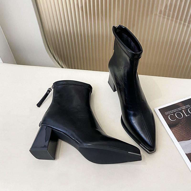 Winter Street Pointed Toe Women Ankle Thick Heels Female Retro Short Booties De Muje for Adult Women