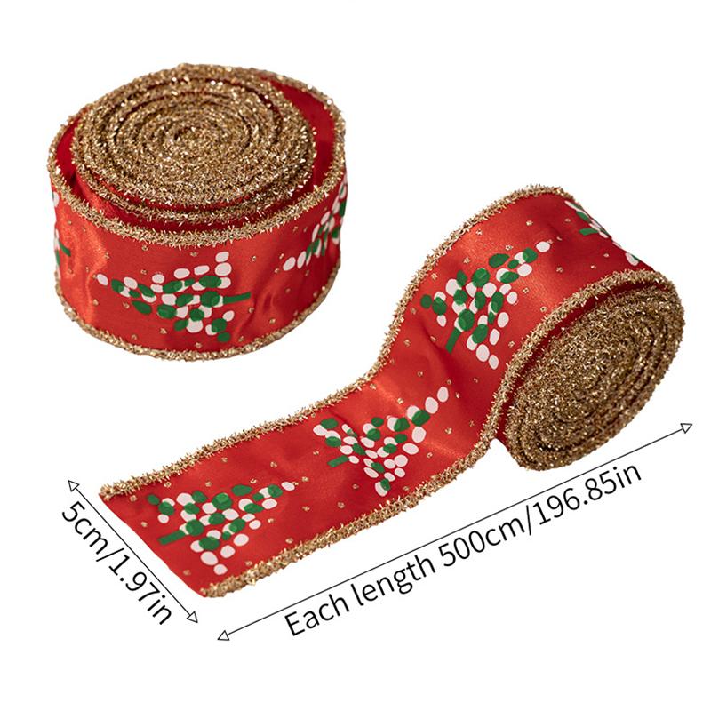 1PC Small Tree Pattern Festive Ribbon Embroidered Christmas Satin Ribbon 5mx5cm