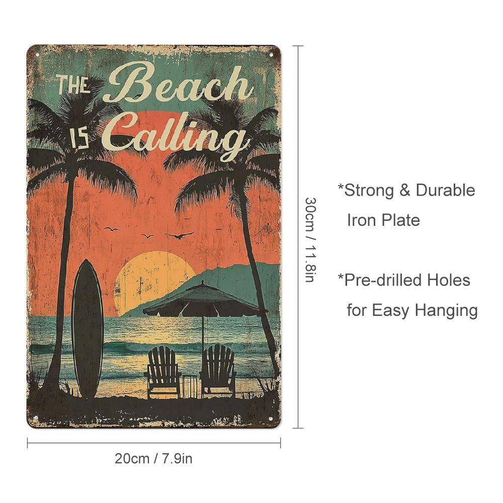 

Vintage Metal Wall Art Sign The Beach Is Calling Coastal Scene with Adirondack Chairs Surfboard Palm Trees 20x30cm（7.8x11.8inch）