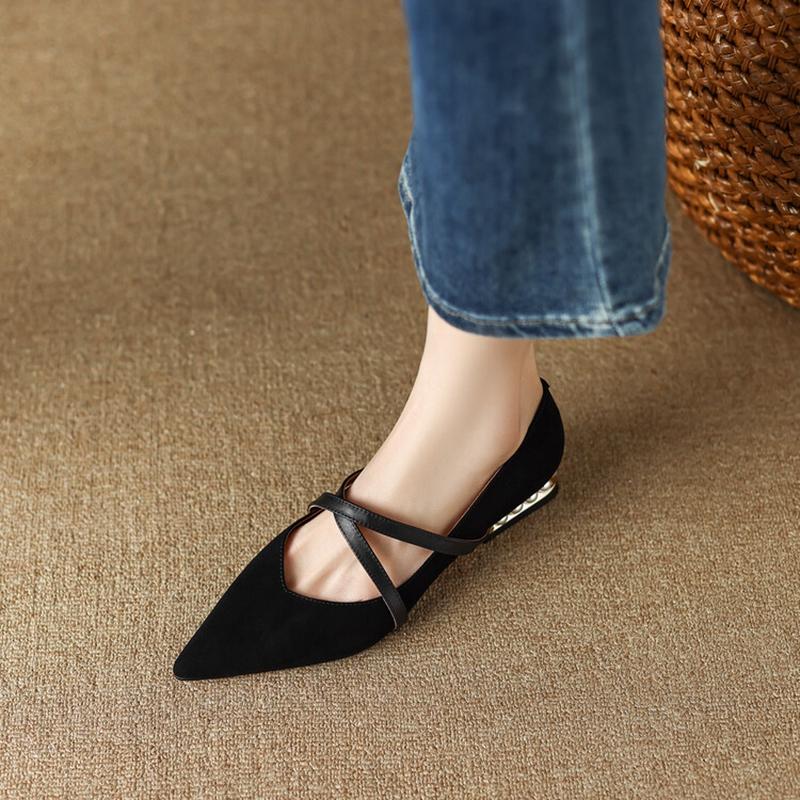 Frühling/Herbst Damenpumps Schafveloursleder Schuhe für Damen Spitzschuh Niedriger Absatz Damenschuhe Überkreuzt Schwarz Schuhe