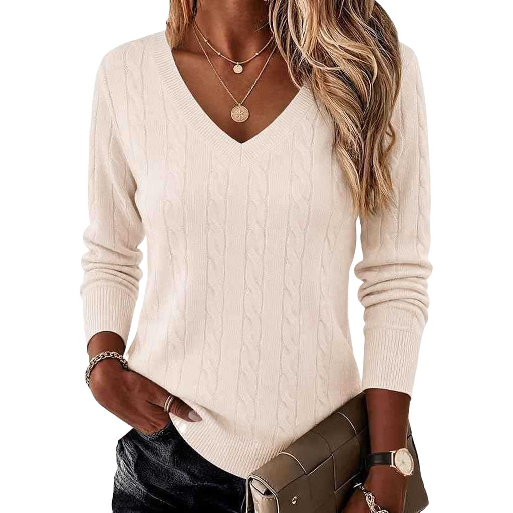Maglione da Donna a Treccia con Scollo a V, Pullover a Manica Lunga per Autunno e Inverno, Abbigliamento Casual