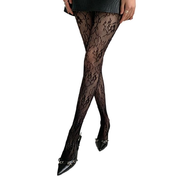 Women JK Girl Flower Jacquard Pantyhose Hollowed Fishnet Lace Tights Leggings 1 чёрный