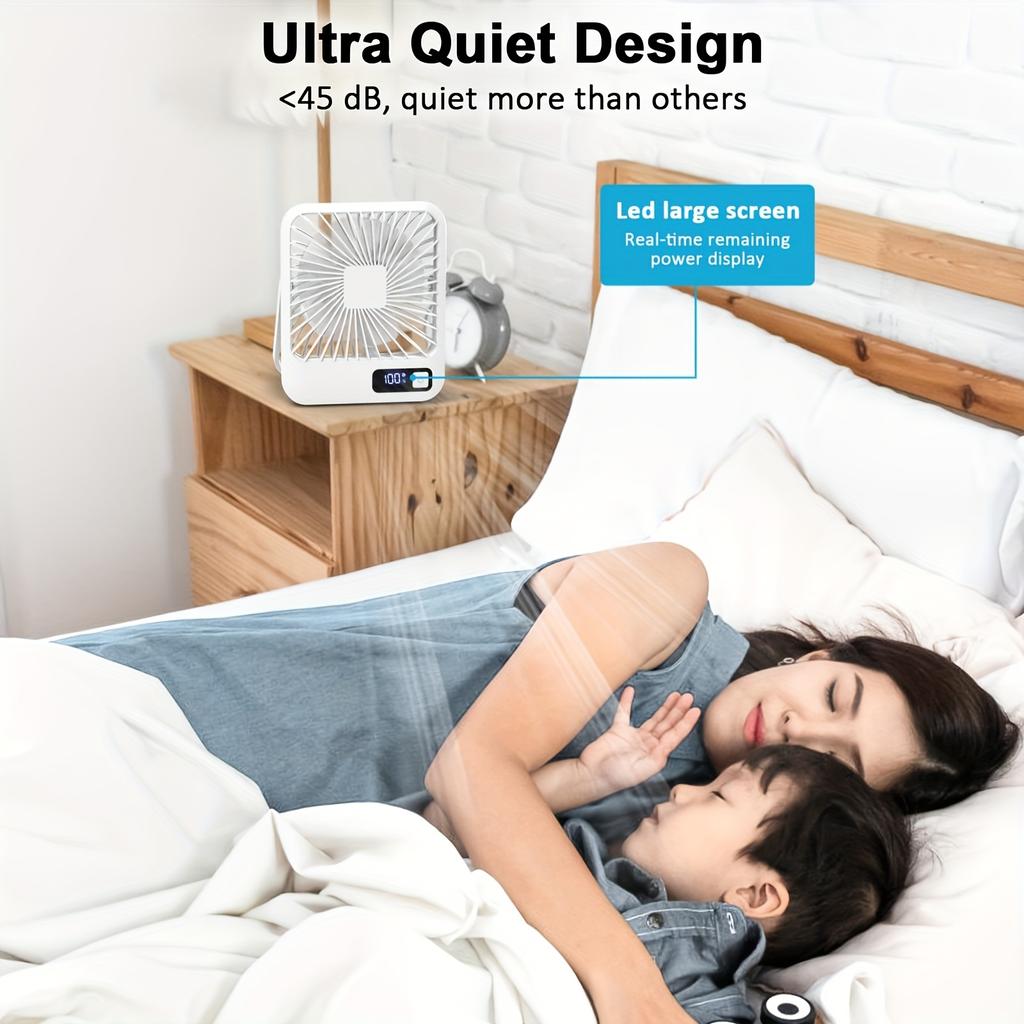 Ultra-quiet portable desk fan, 180 ° rotation, 5-speed adjustable wind, USB charging, power display - ideal for home, office, travel and outdoor use