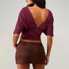 Women Tops Puff Sleeves V Neck Slim Fit Pleated Waist Pullover Tops Pure Color Summer Short Tops Daily Wear