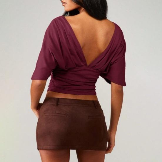 Women Tops Puff Sleeves V Neck Slim Fit Pleated Waist Pullover Tops Pure Color Summer Short Tops Daily Wear