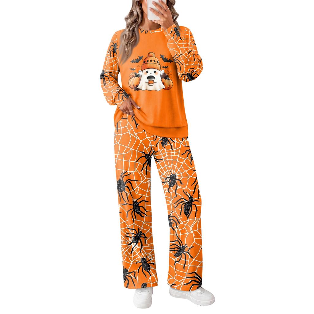 Women's Casual Loose Fit Crewneck Halloween Print Sweatshirt and Pants Set