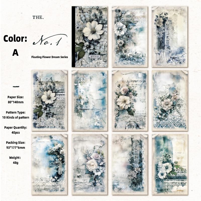 40PCs Vintage Scrapbooking Background Paper Decorative Diary Album Craft DIY Supplies Material Paper Floating Dream Flower