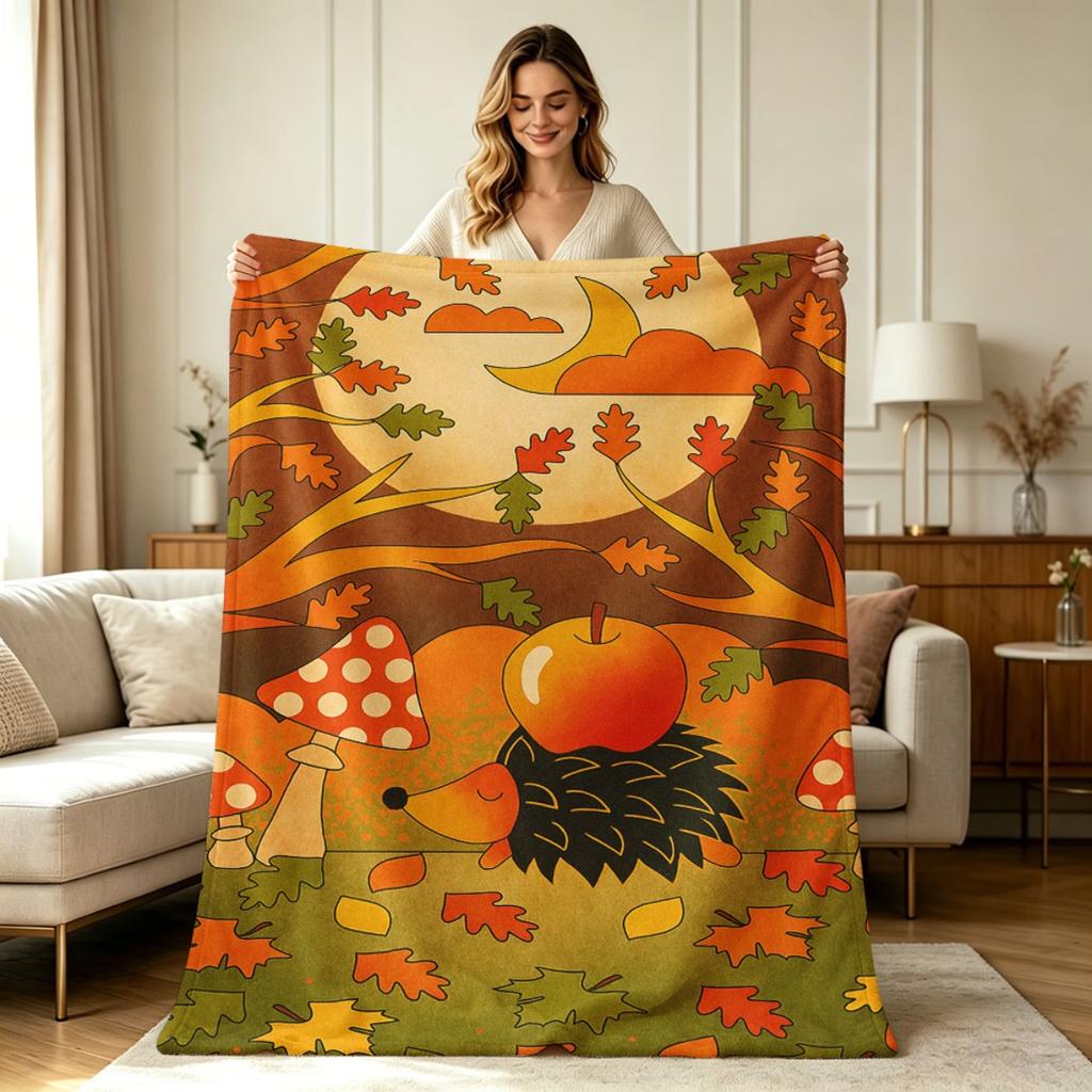 Warm Flannel Blanket with Autumn Hedgehog Mushroom Moon Print Soft Cozy All Season Blanket for Sofa Couch Bed Office Living Room Home Decorative Throw