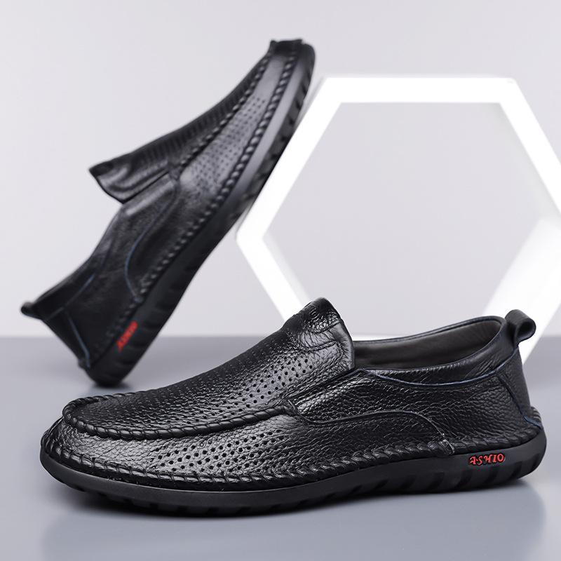 2025 new men's shoes summer sandals leather breathable hollow leather shoes men's casual hole shoes middle-aged and elderly fathers