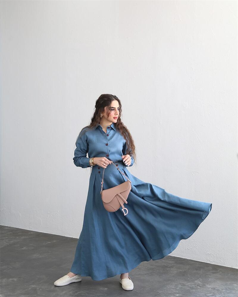 2024 Autumn Women's Fashion: Solid Color Long Sleeve Shirt & Midi Skirt Set