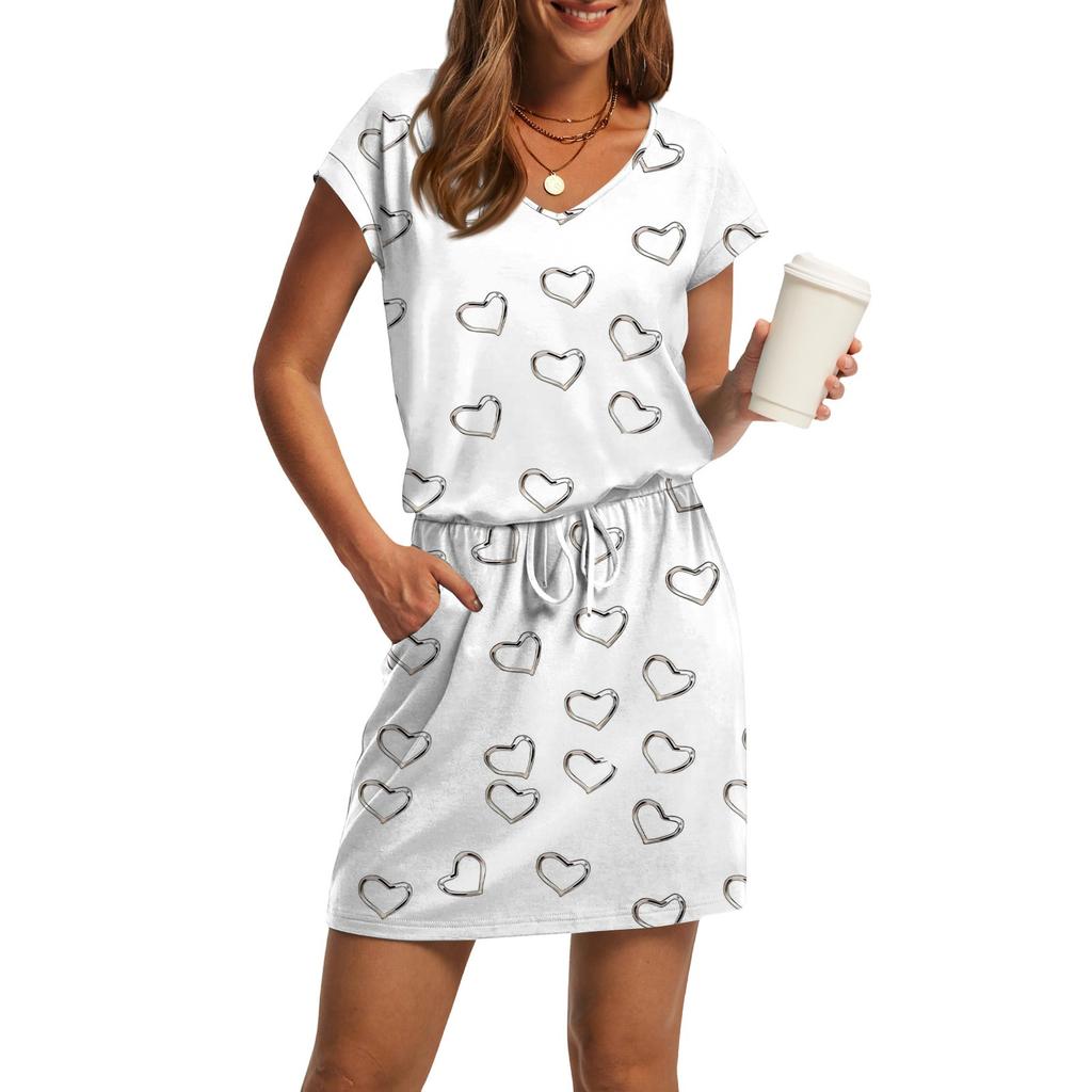 Women's Summer V-Neck Casual Short Sleeve Drawstring With Pocket Vintage Dresses