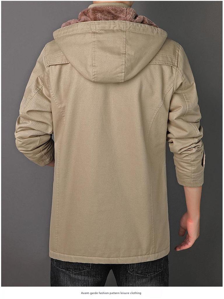 Men's Mid-Length Fleece-Lined Windbreaker: Warm Thick Cotton-Padded Hooded Jacket for Autumn & Winter