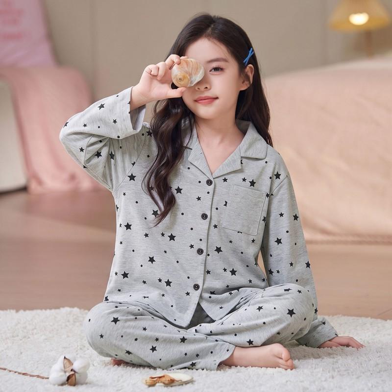 Girls Cotton Pajama Set Long Sleeve Cartoon Print Sleepwear Kids Home Outfit