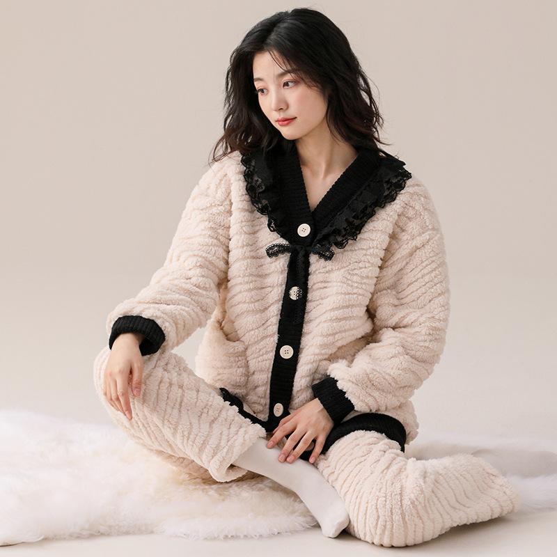 Coral Fleece Pajamas Women'S Autumn And Winter Fleece Thickened Warm Suit Winter Flannel Casual Can Be Worn Outside Loungewear