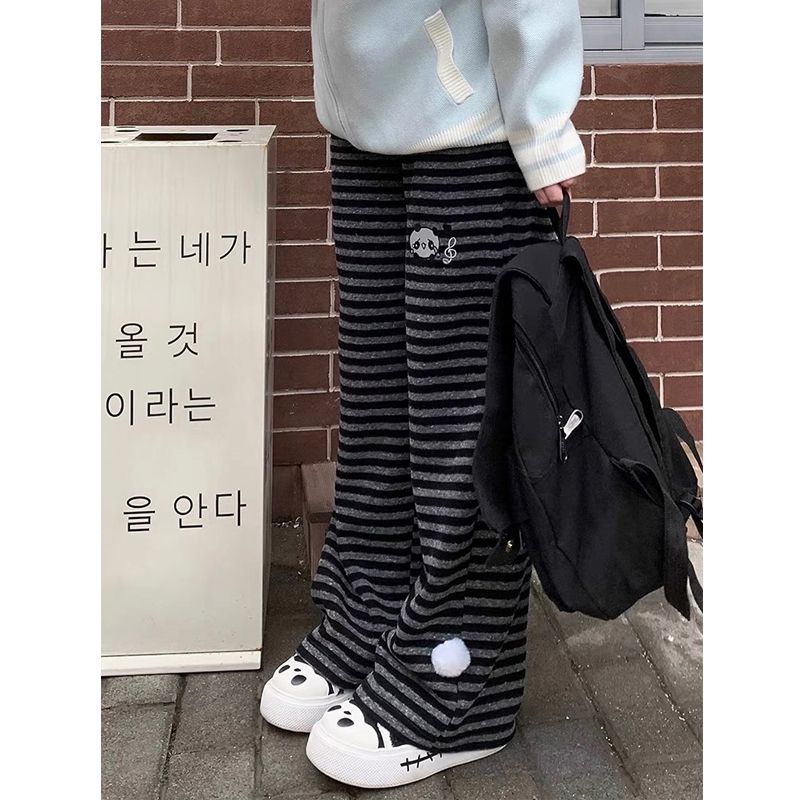 

Мультяшный медведь, черные и серые полоски, повседневные брюки для женщин, осень и зима, на флисовой подкладке, толстые, свободные, в стиле BF, с высокой талией, свободные брюки Black and white Stripes [regular paragraph]] S