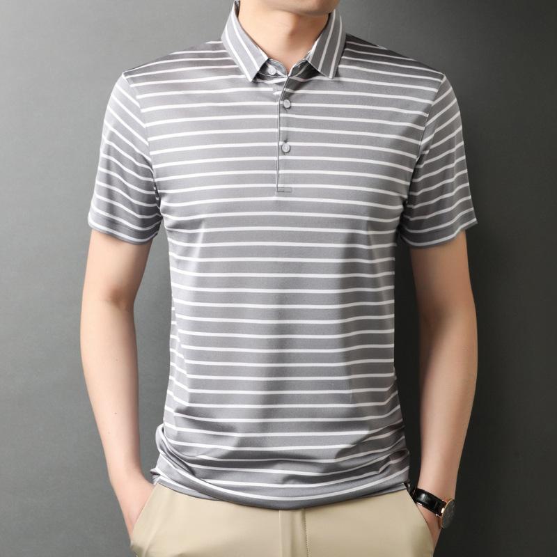 

Новая летняя мужская футболка из шелкового шелка в полоску с короткими рукавами, повседневная футболка из ледяного шелка с лацканами XXXXL