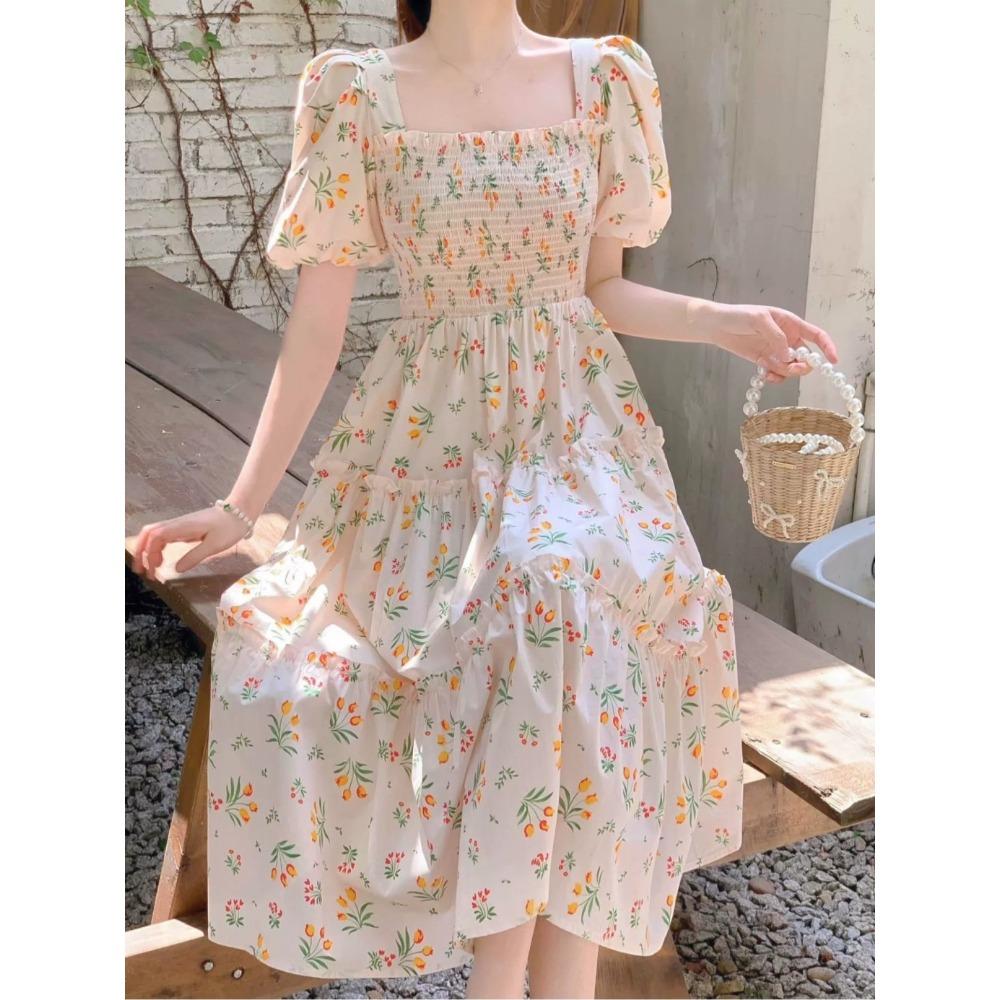 

Модное ретро-платье с мелким цветочным принтом, летняя облегающая и стройнящая юбка выше колена средней длины XXL бежевый