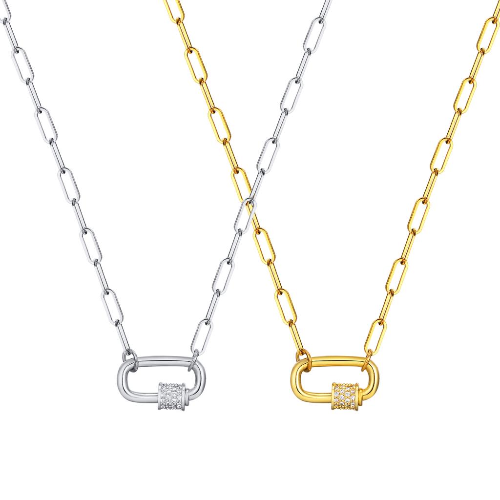 Pave Zircon Pin Pendant Neckalce for Women, Adjustable Stainless Steel Paperclip Chain Wholesale Jewelry