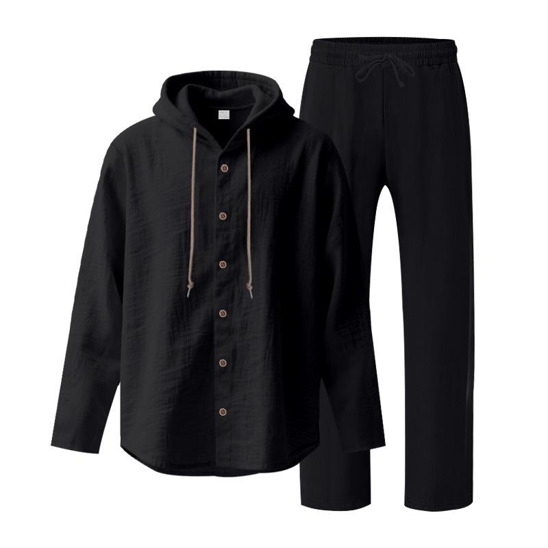 Men's Casual Linen Beach Set: Loose Fit Long Sleeve Hoodie & Pants