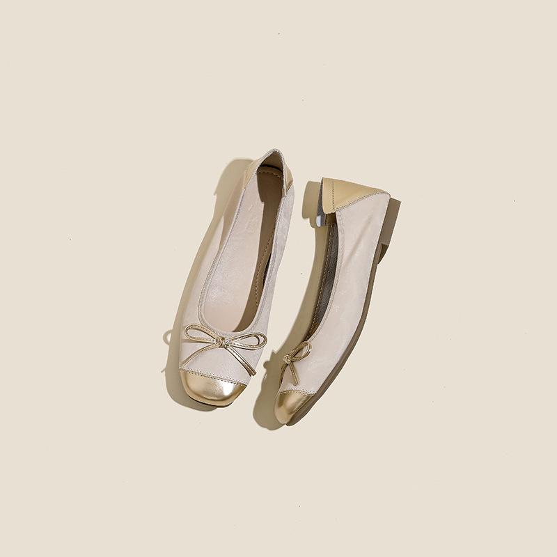 Girls' Champagne Flat Ballet Shoes with Bowknot, Soft Sole Low-Cut Grandma Shoes, Stylish Casual Single Shoes for Daily Wear XW-977-18