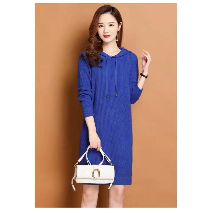 Early Autumn Hooded Knitted Dress Spring Autumn Medium and Long Autumn Slim Women's Dress 1 Color Sweater Dress