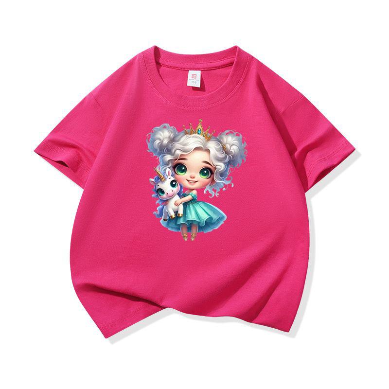 Kids Cotton T Shirt Crowned Princess Girl With Pastel Unicorn Print Crew Neck Short Sleeve Tee Casual Boys Girls Summer Tops 100
