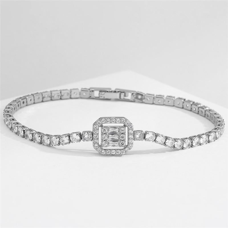 Simple Geometry Rectangle Zircon Charm Bracelets for Women Sliver Color Round Crystal Bracelet Luxury Bridal Wedding Zircon