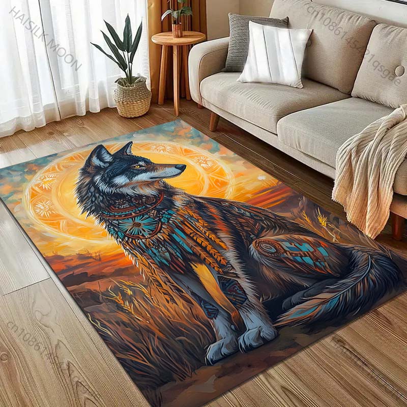 Various Sizes Aboriginal Style Wolf Print Carpet for Living Room Bedroom Bedside Sofa Floor Mat Modern Home Decor Large Size