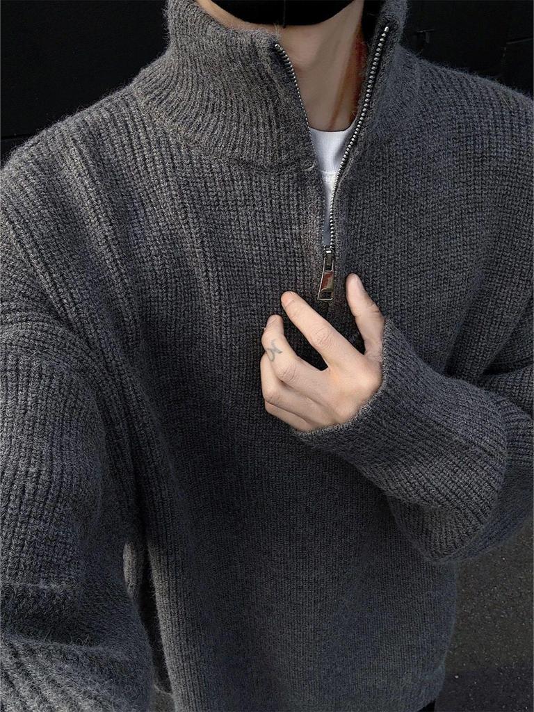 Zipper Korean Style Men's High Neck Pullover Sweater - Autumn/Winter Trendy Knitwear with Soft Texture.
