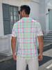 Men's Short-Sleeve Polo Shirt with Pink & Blue Plaid Lapel Collar - Button-Up Button- Collar Suitable for Dates, Beach Vacations, Summer Casual Wear -