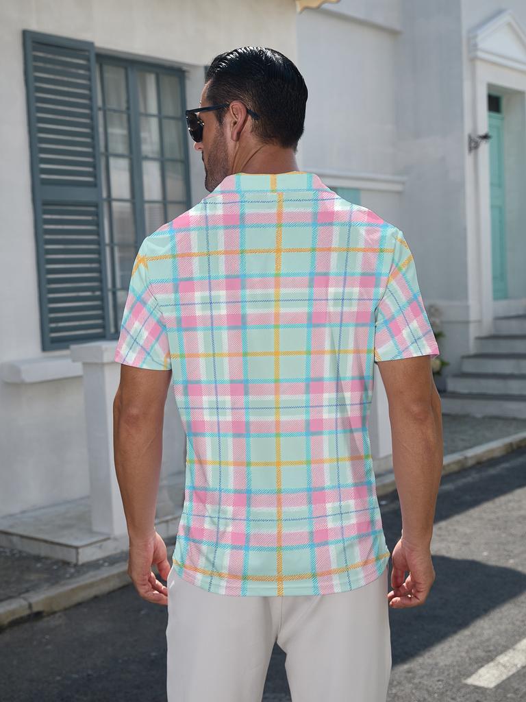 Men's Short-Sleeve Polo Shirt with Pink & Blue Plaid Lapel Collar - Button-Up Button- Collar Suitable for Dates, Beach Vacations, Summer Casual Wear -