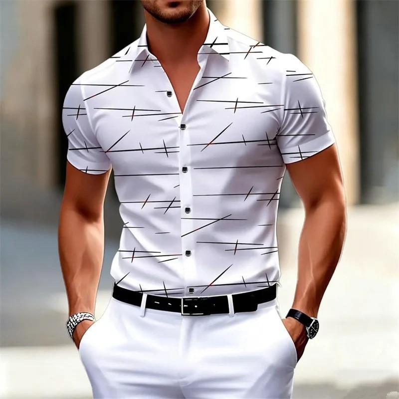 Men Abstract Line Print Lapel Short Sleeve Button Down Shirt S белый