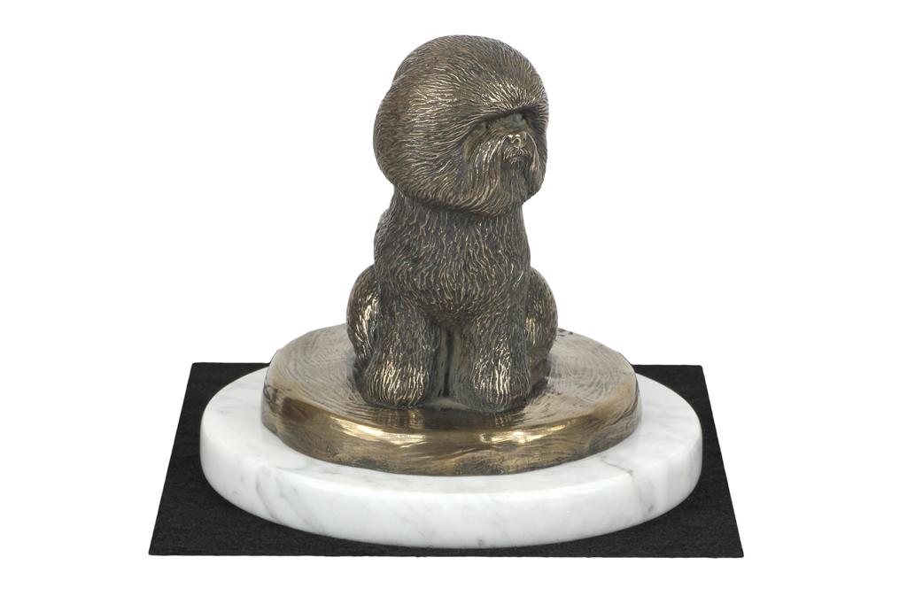 Bichon Frise, Bichon Tenerife, Bichon a poil frise - dog figurine, statue on white marble, trophy for Art-Dog dog show exhibition