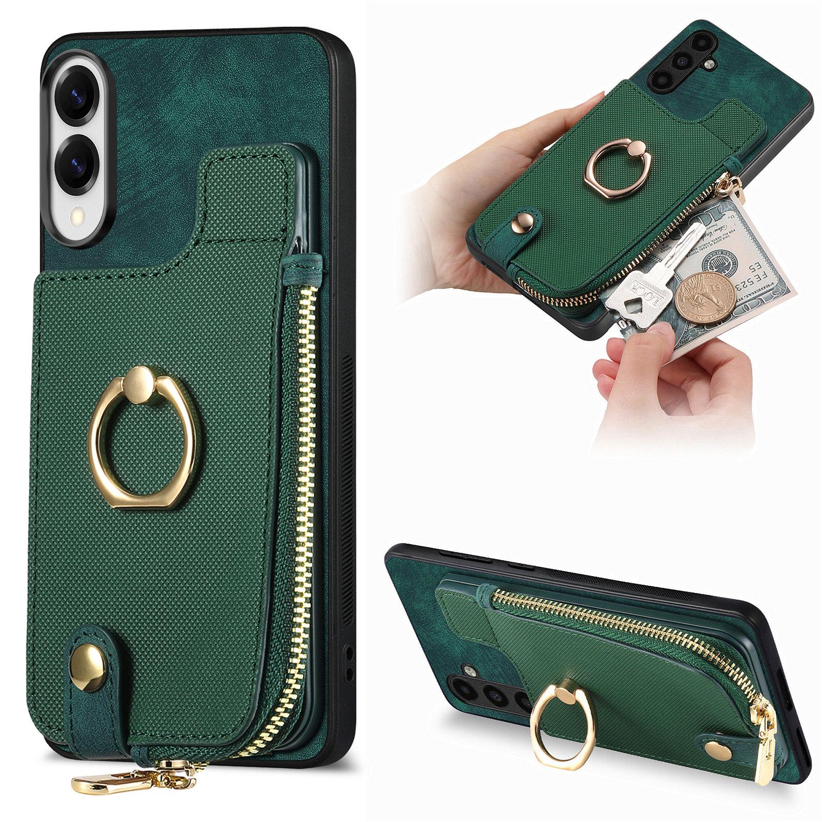 

For Samsung Galaxy S25 Edge Leather Phone Back Cover with Zipper Wallet and Ring Kickstand Green