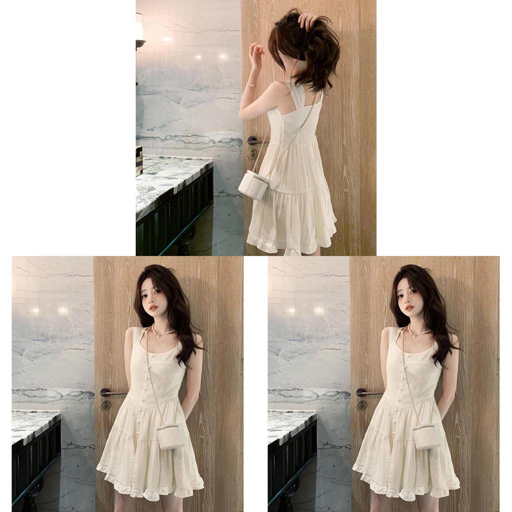 Spring Summer White Moonlight Dress With Spliced Polyester Fabric For Womens Casual Wear