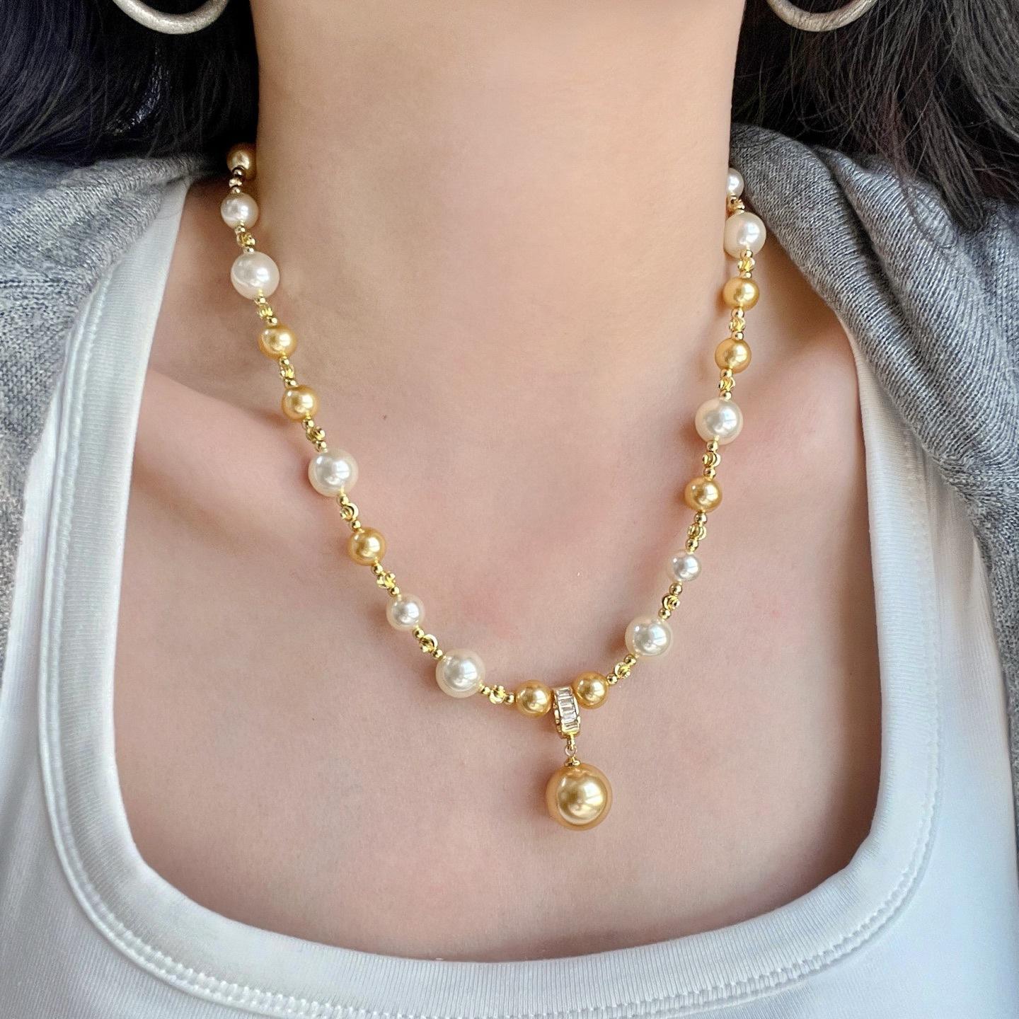 

10Mm Autumn And Winter High-Gloss Warm Gold Tahitian Artificial Crystal Pearl Necklace Collarbone Chain Pendant Removable