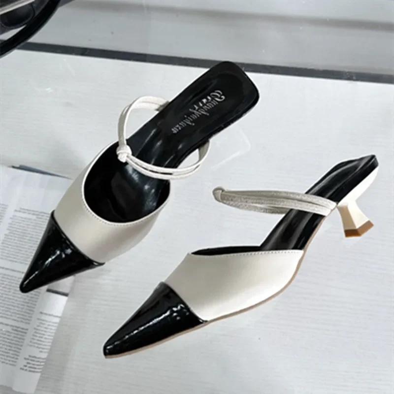 Fashion Summer Sexy Pointy Toe Small Heel Slippers Women Fashion Mules Sandals for Women Back Hollow Covered Toe Design Slides Loafers