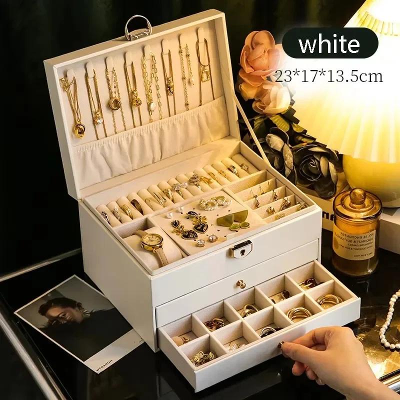 1pc Multi Functional Three Layer Leather Drawer Style Jewelry Box Earrings Earrings Lock Jewelry Box 23X17X13.5CM
