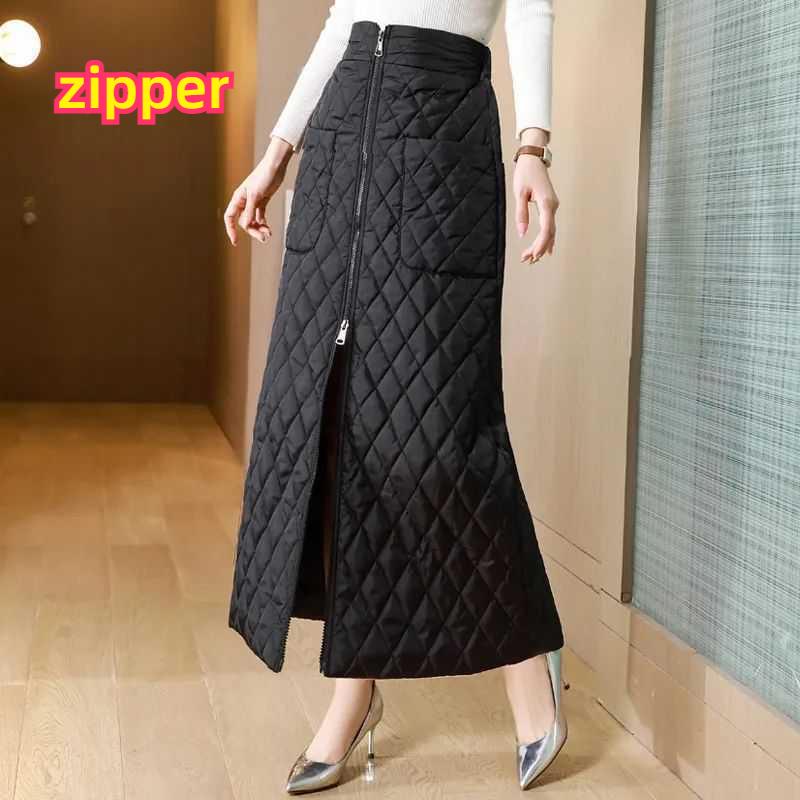 Thickened Warm Mid-length Down Cotton Skirt Double-breasted Autumn and Winter One-piece Skirt A-line Hip Skirt