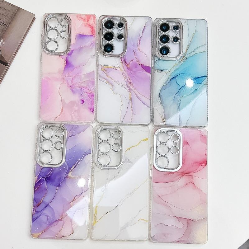 Suitable for Samsung S25ultra Mobile Phone Case Marble S23 Electroplated Fine Hole Full Package Anti Fall A56 Ring Support